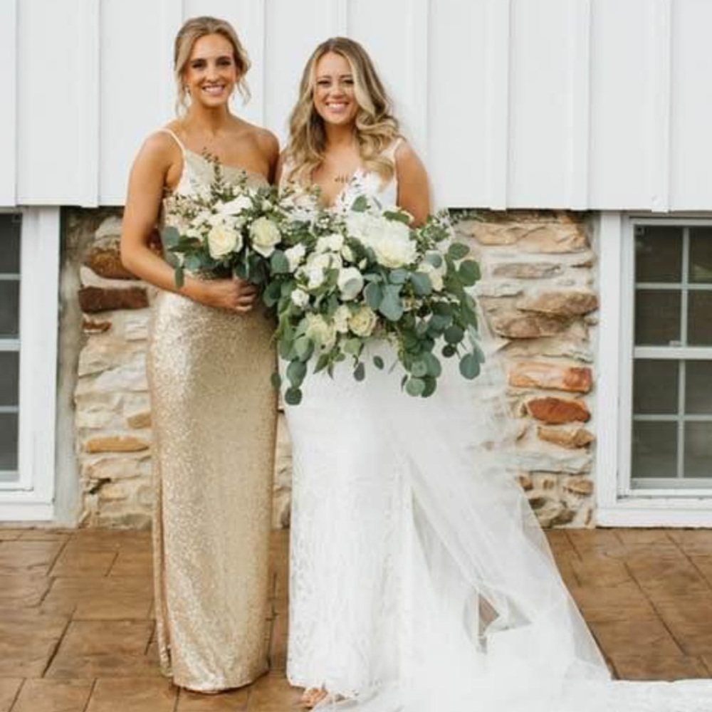 Revelry bridesmaid dress, sequin one shoulder, champagne gold, size 4